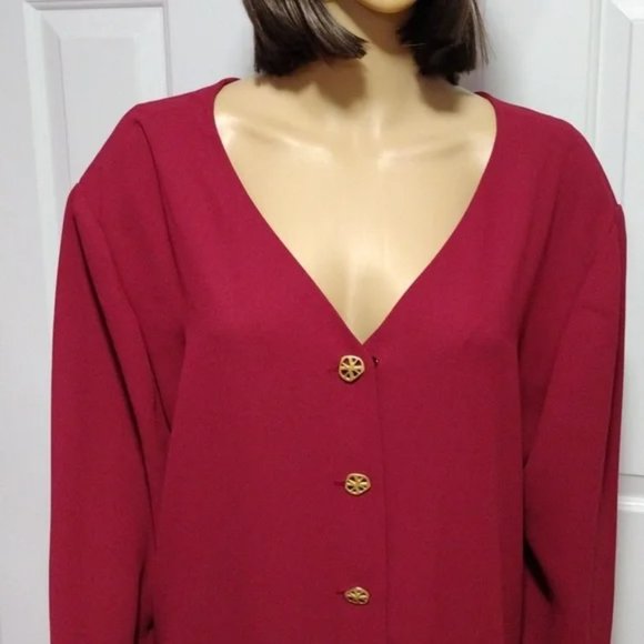 Vintage 80s Chaus Red Long Sleeve Button Down Midi Dress Plus Size 16W Deadstock - Picture 3 of 8